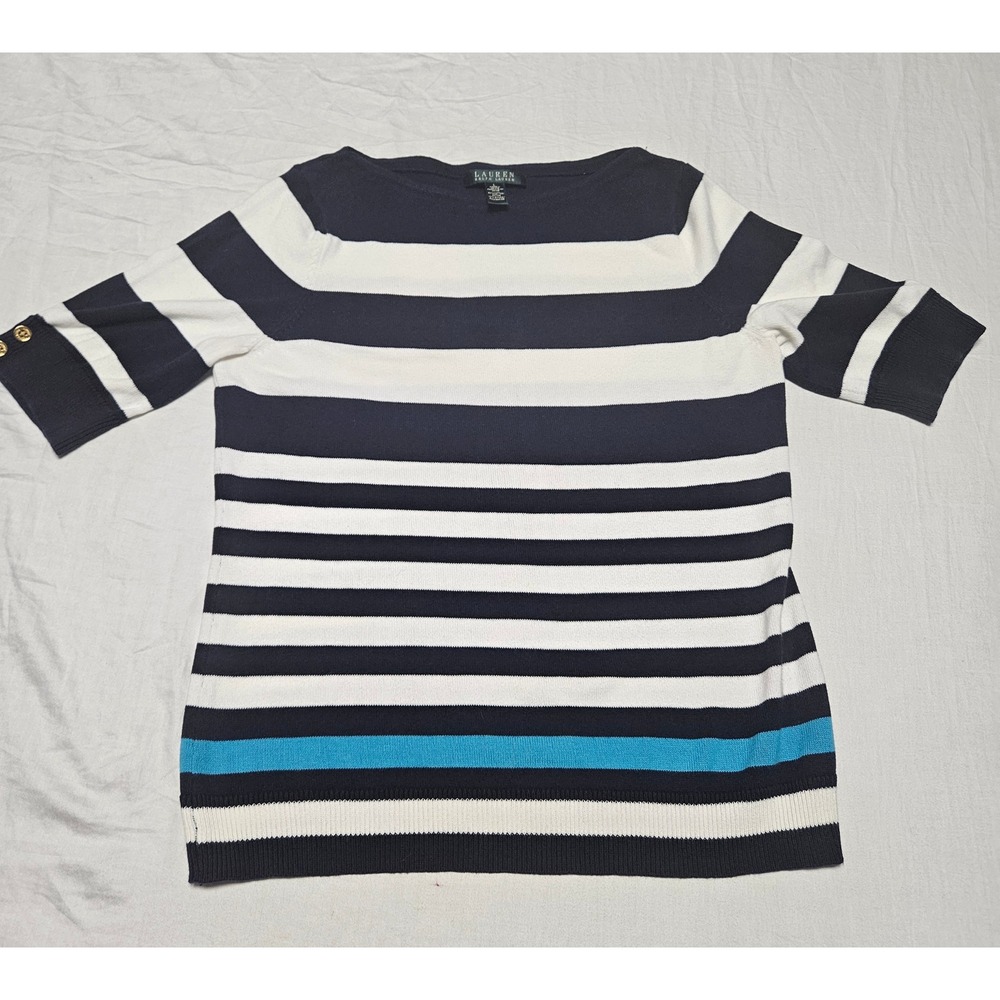 Lauren Ralph Lauren Sweater Womens L Navy White Striped Short Sleeve Gold Button